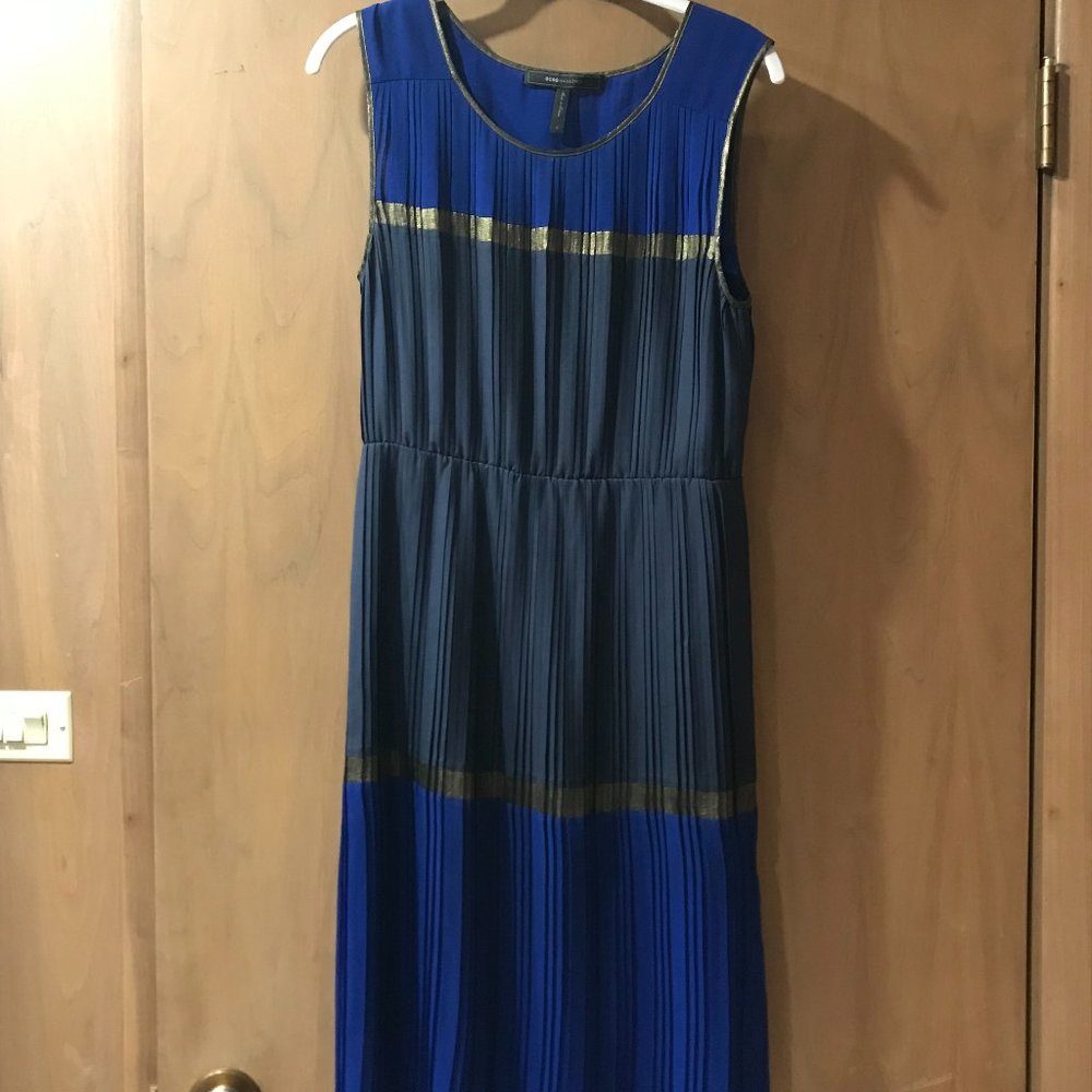 BCBGMaxAzria blue pleated sleeveless dress with bronze trimming